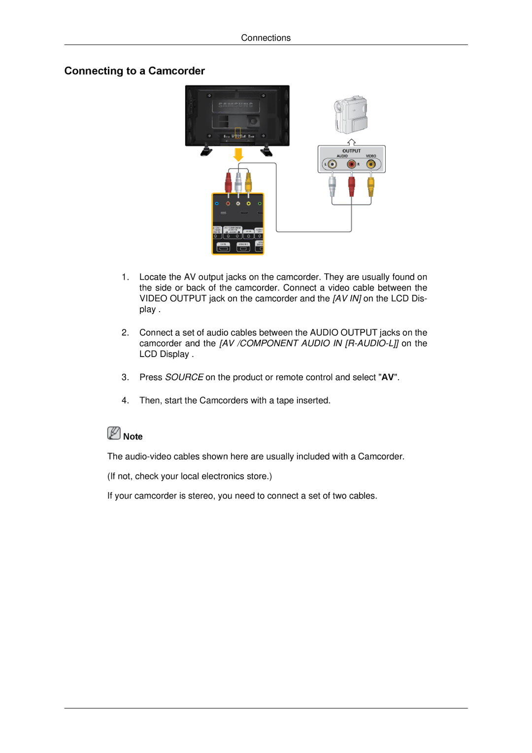 Samsung LH46GWPLBC/XY, LH40GWTLBC/EN, LH40GWSLBC/EN, LH46GWPLBC/EN, LH40GWPLBC/EN, LH46GWTLBC/EN Connecting to a Camcorder 