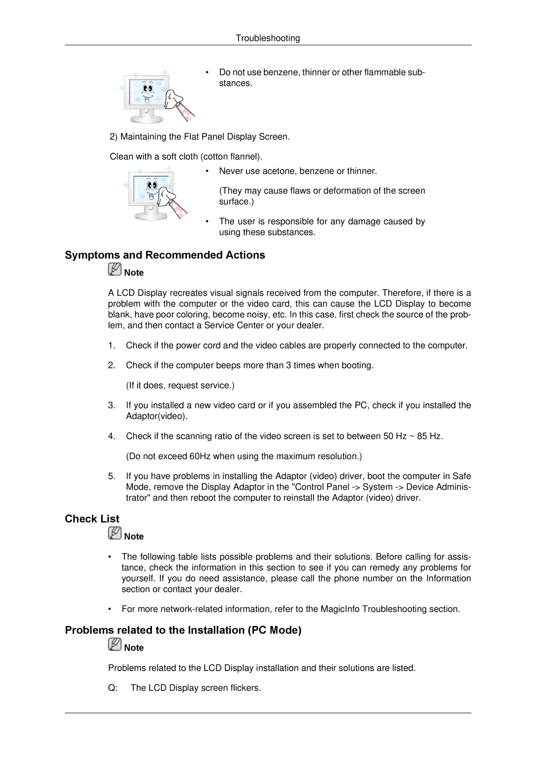 Samsung LH40GWSLBC/SM manual Symptoms and Recommended Actions, Check List, Problems related to the Installation PC Mode 