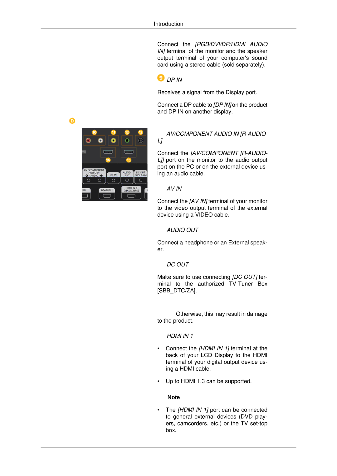 Samsung LH40GWSLBC/XJ, LH40GWTLBC/EN, LH40GWSLBC/EN, LH46GWPLBC/EN AV/COMPONENT Audio in R-AUDIO, Audio OUT, Dc Out, Hdmi 