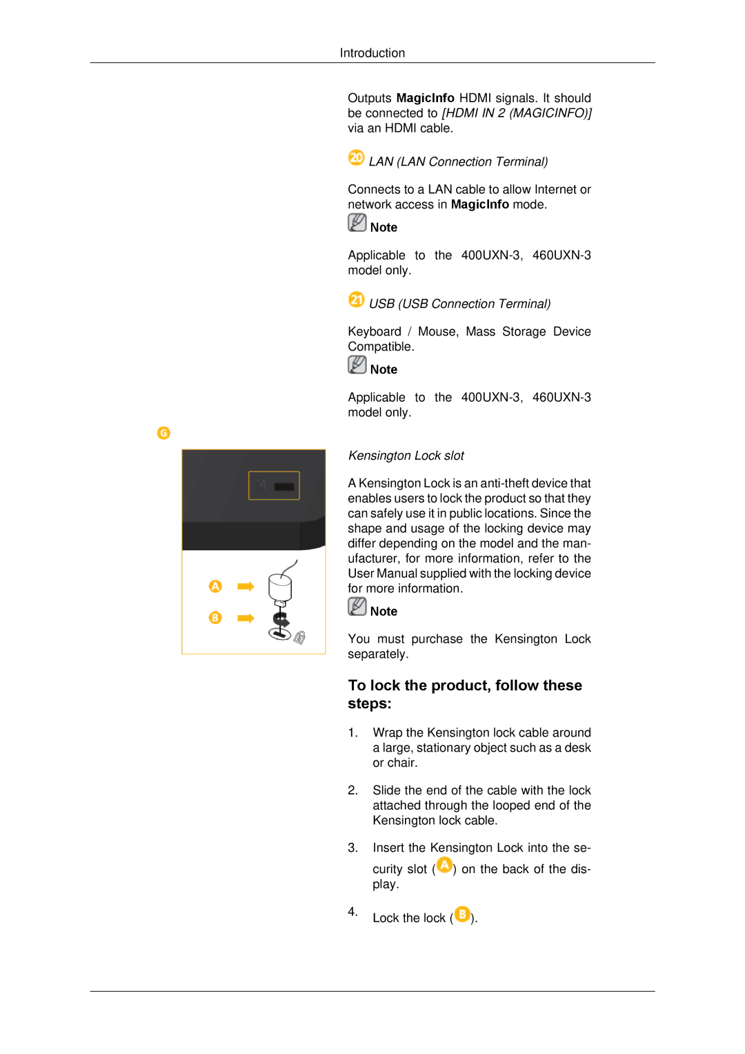 Samsung LH40GWTLBC/XJ, LH40GWTLBC/EN, LH40GWSLBC/EN To lock the product, follow these steps, LAN LAN Connection Terminal 