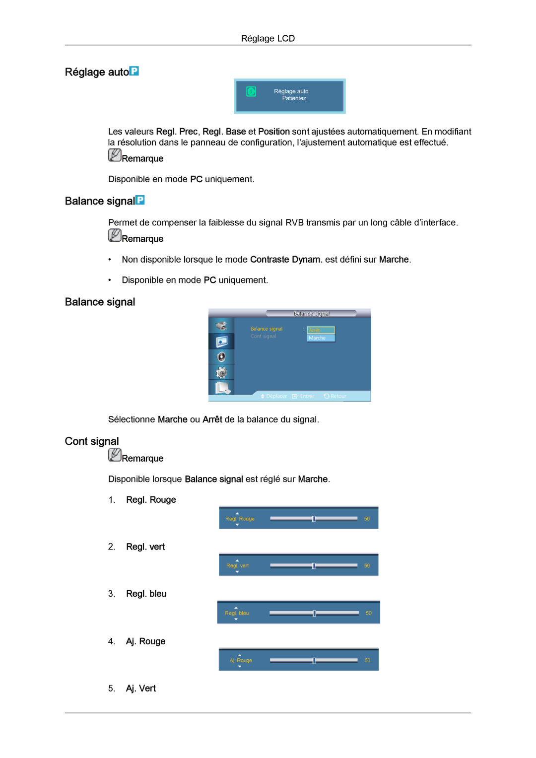 Samsung LH46GWTLBC/EN manual Réglage auto, Balance signal, Signal, Regl. Rouge Regl. vert Regl. bleu Aj. Rouge Aj. Vert 