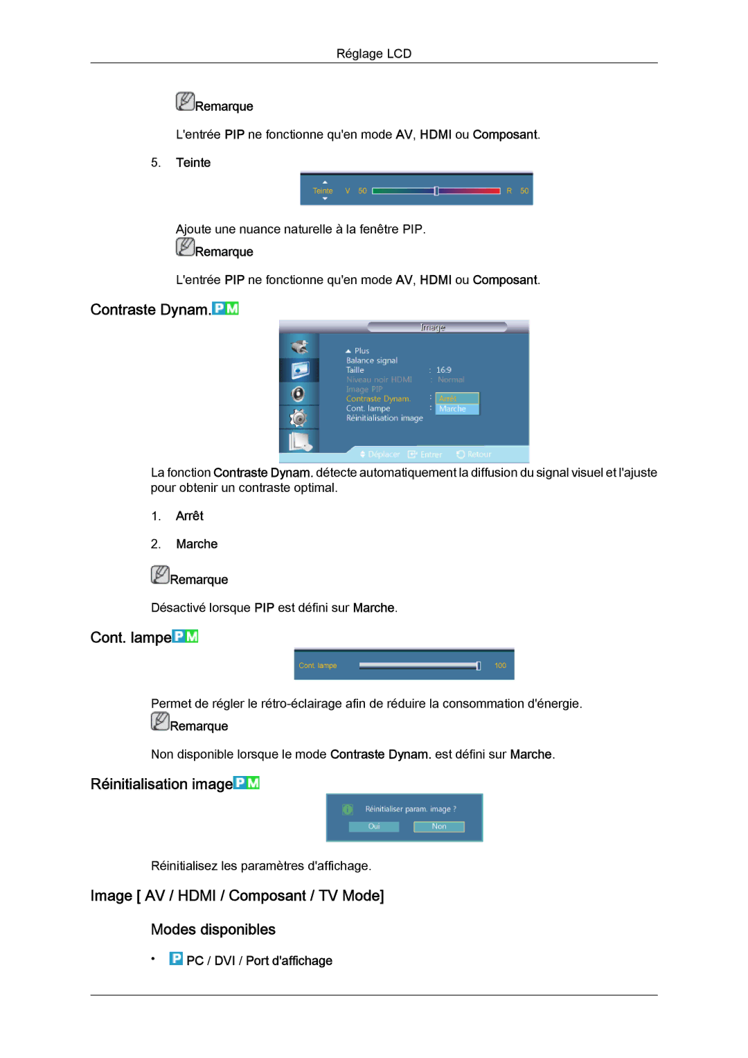 Samsung LH40GWTLBC/EN, LH40GWSLBC/EN, LH46GWPLBC/EN, LH40GWPLBC/EN manual Contraste Dynam, Cont. lampe, Réinitialisation image 