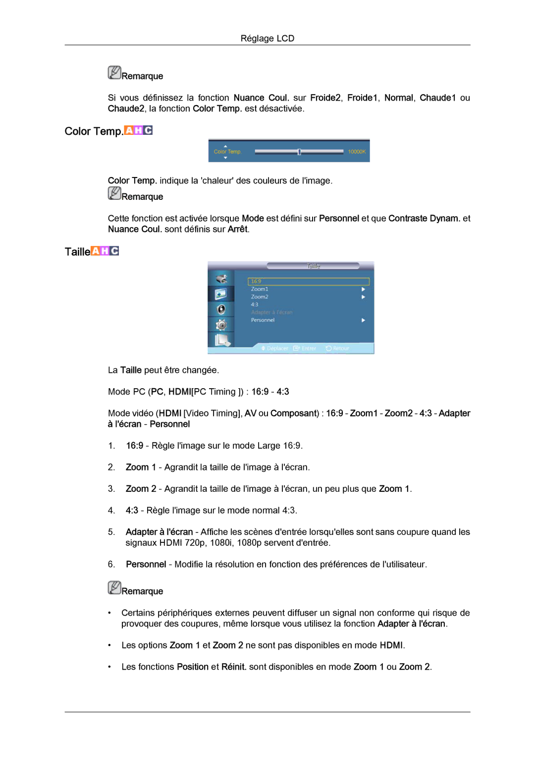 Samsung LH40GWPLBC/EN, LH40GWTLBC/EN, LH40GWSLBC/EN, LH46GWPLBC/EN Color Temp. indique la chaleur des couleurs de limage 