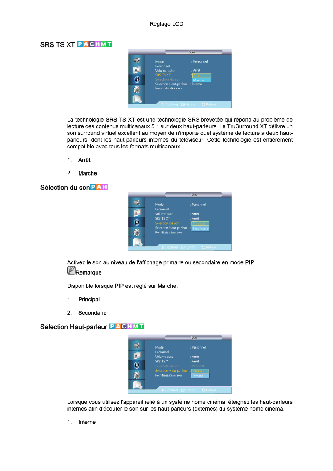 Samsung LH46GWPLBC/EN, LH40GWTLBC/EN, LH40GWSLBC/EN Sélection du son, Sélection Haut-parleur, Principal Secondaire, Interne 