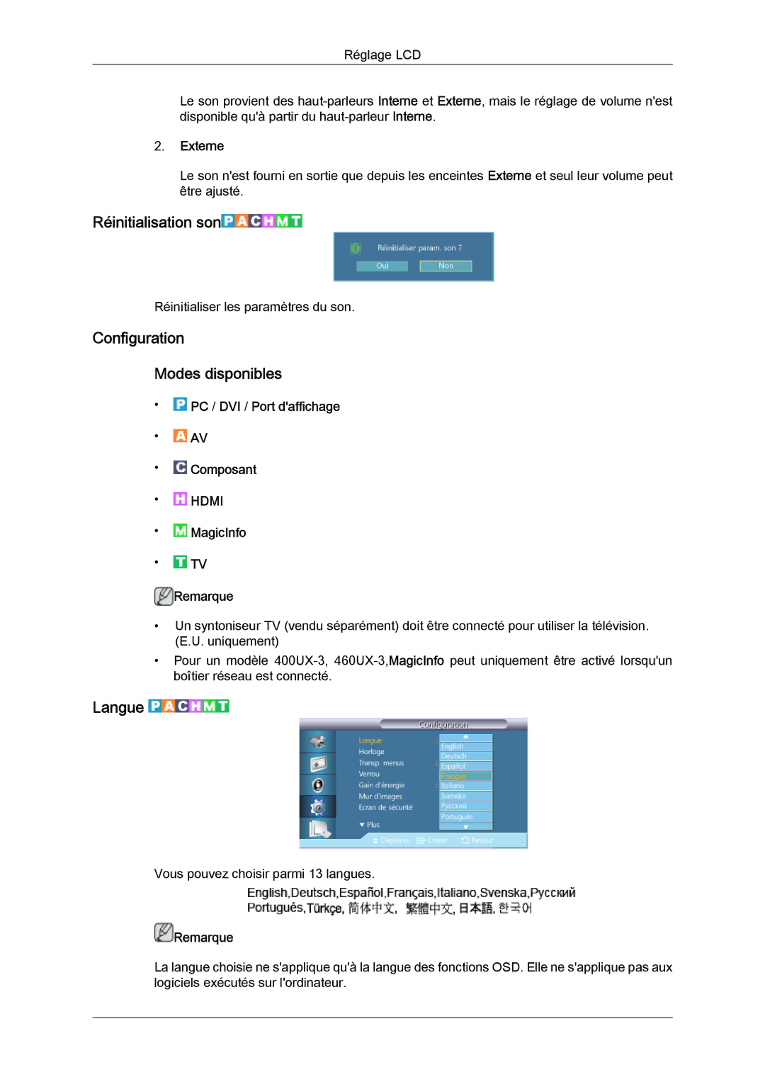 Samsung LH40GWPLBC/EN, LH40GWTLBC/EN, LH40GWSLBC/EN Réinitialisation son, Configuration Modes disponibles, Langue, Externe 