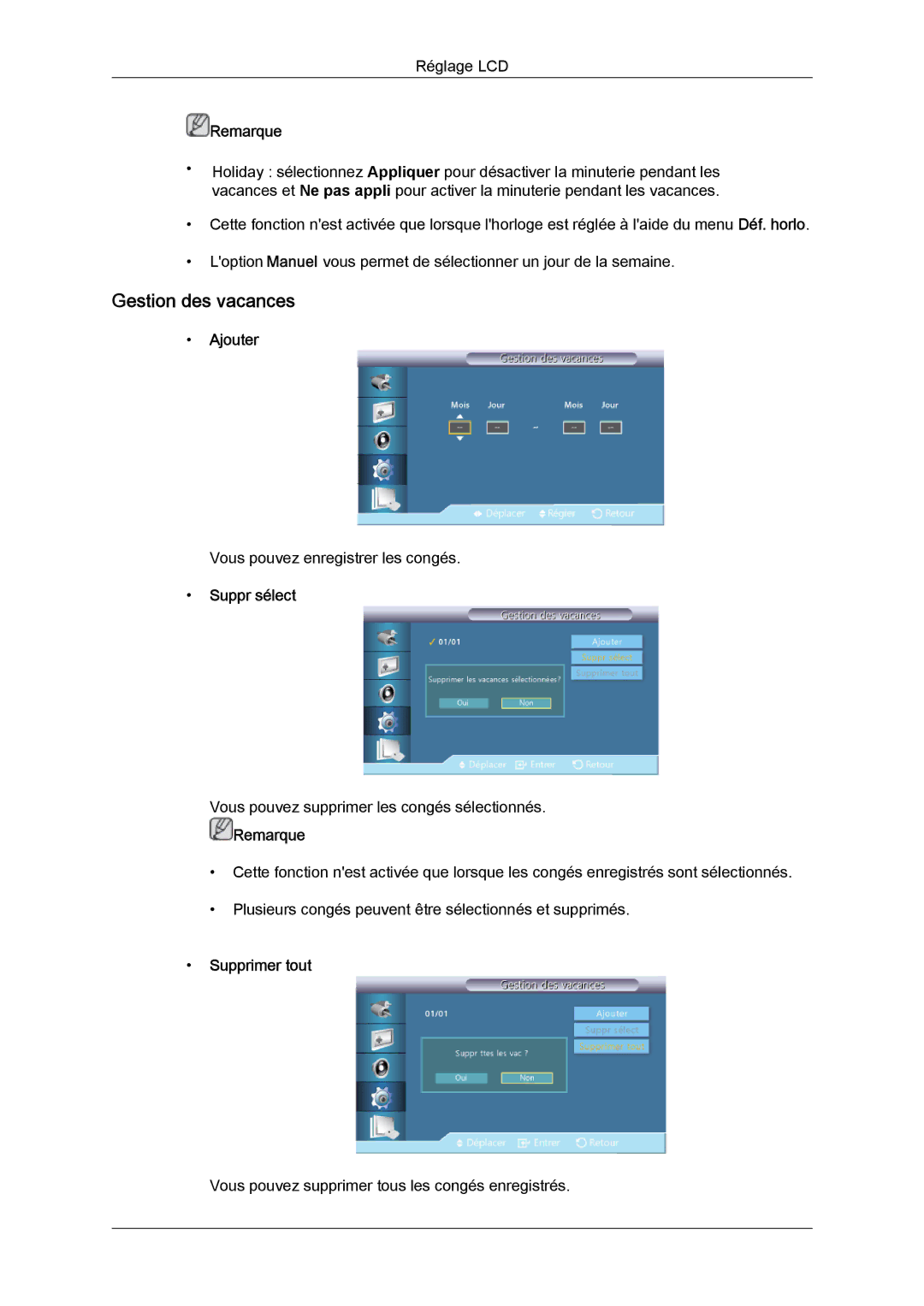 Samsung LH46GWSLBC/EN, LH40GWTLBC/EN, LH40GWSLBC/EN manual Gestion des vacances, Ajouter, Suppr sélect, Supprimer tout 