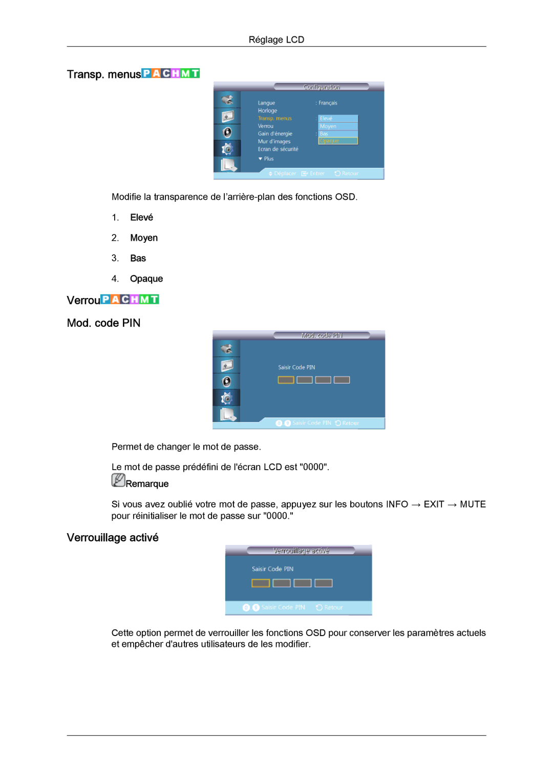 Samsung LH40GWTLBC/EN, LH40GWSLBC/EN manual Transp. menus, Verrou Mod. code PIN, Verrouillage activé, Elevé Moyen Bas Opaque 