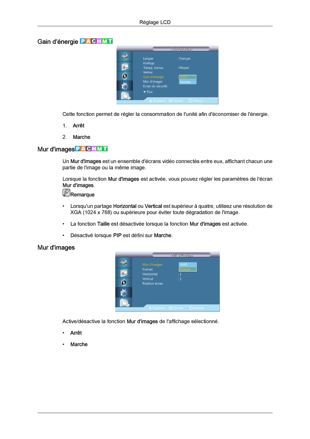 Samsung LH40GWSLBC/EN, LH40GWTLBC/EN, LH46GWPLBC/EN, LH40GWPLBC/EN, LH46GWTLBC/EN, LH46GWSLBC/EN Gain d’énergie, Mur dimages 