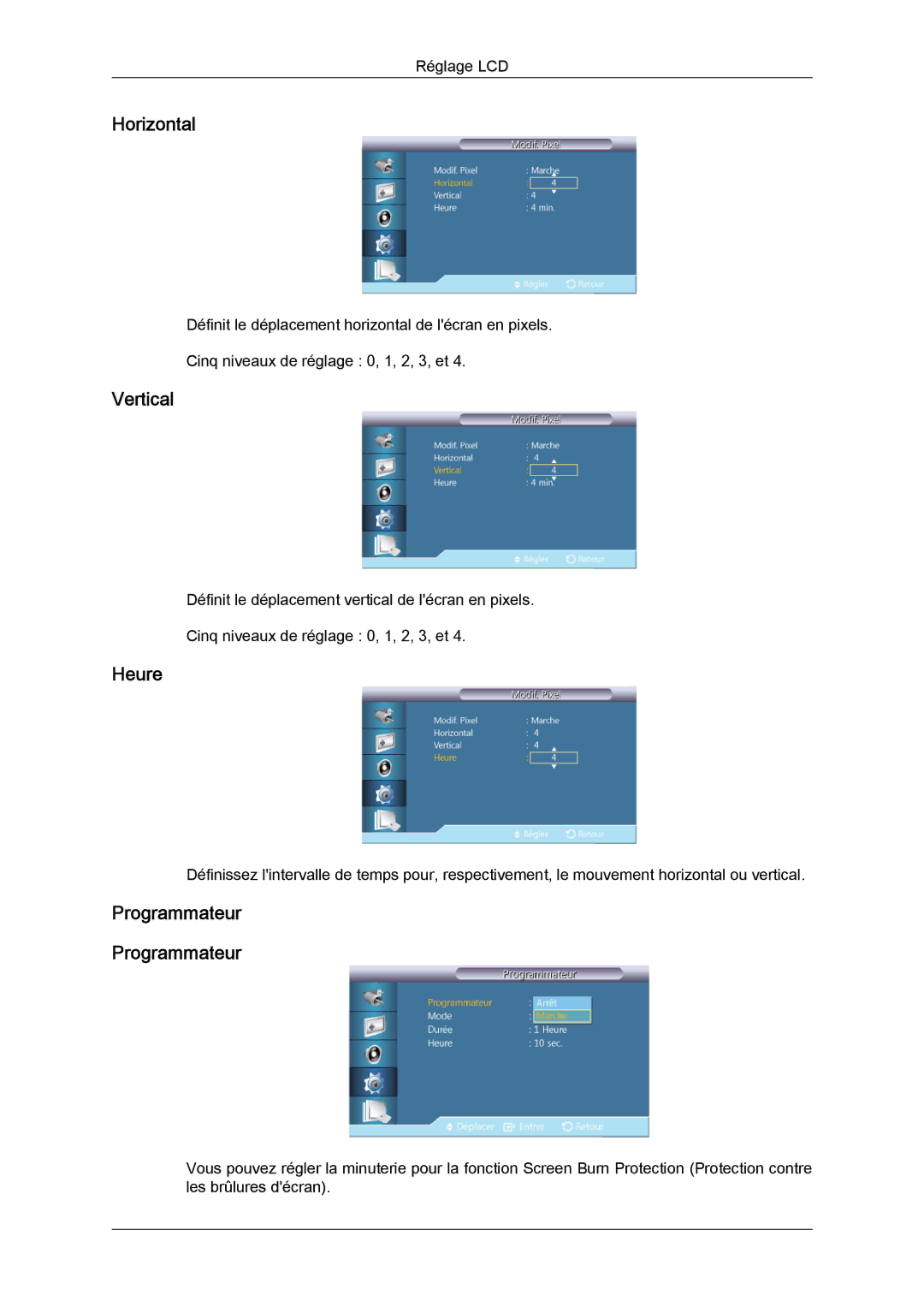 Samsung LH46GWTLBC/EN, LH40GWTLBC/EN, LH40GWSLBC/EN, LH46GWPLBC/EN, LH40GWPLBC/EN, LH46GWSLBC/EN manual Heure, Programmateur 