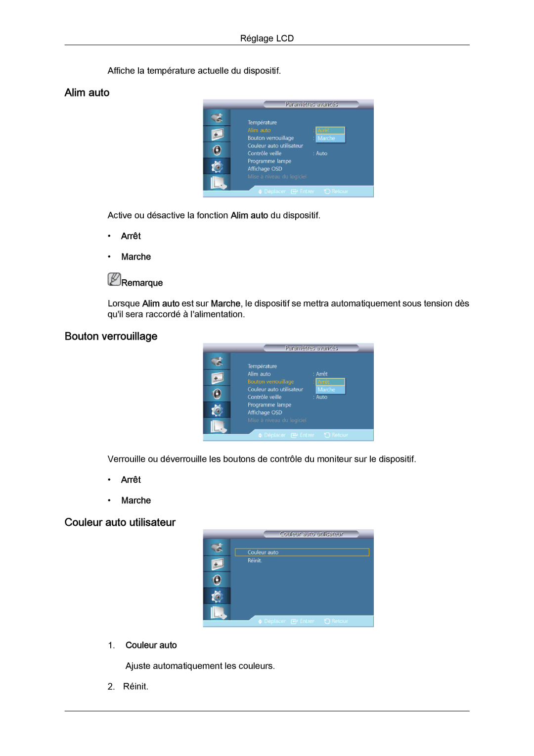 Samsung LH40GWPLBC/EN, LH40GWTLBC/EN, LH40GWSLBC/EN, LH46GWPLBC/EN Alim auto, Bouton verrouillage, Couleur auto utilisateur 