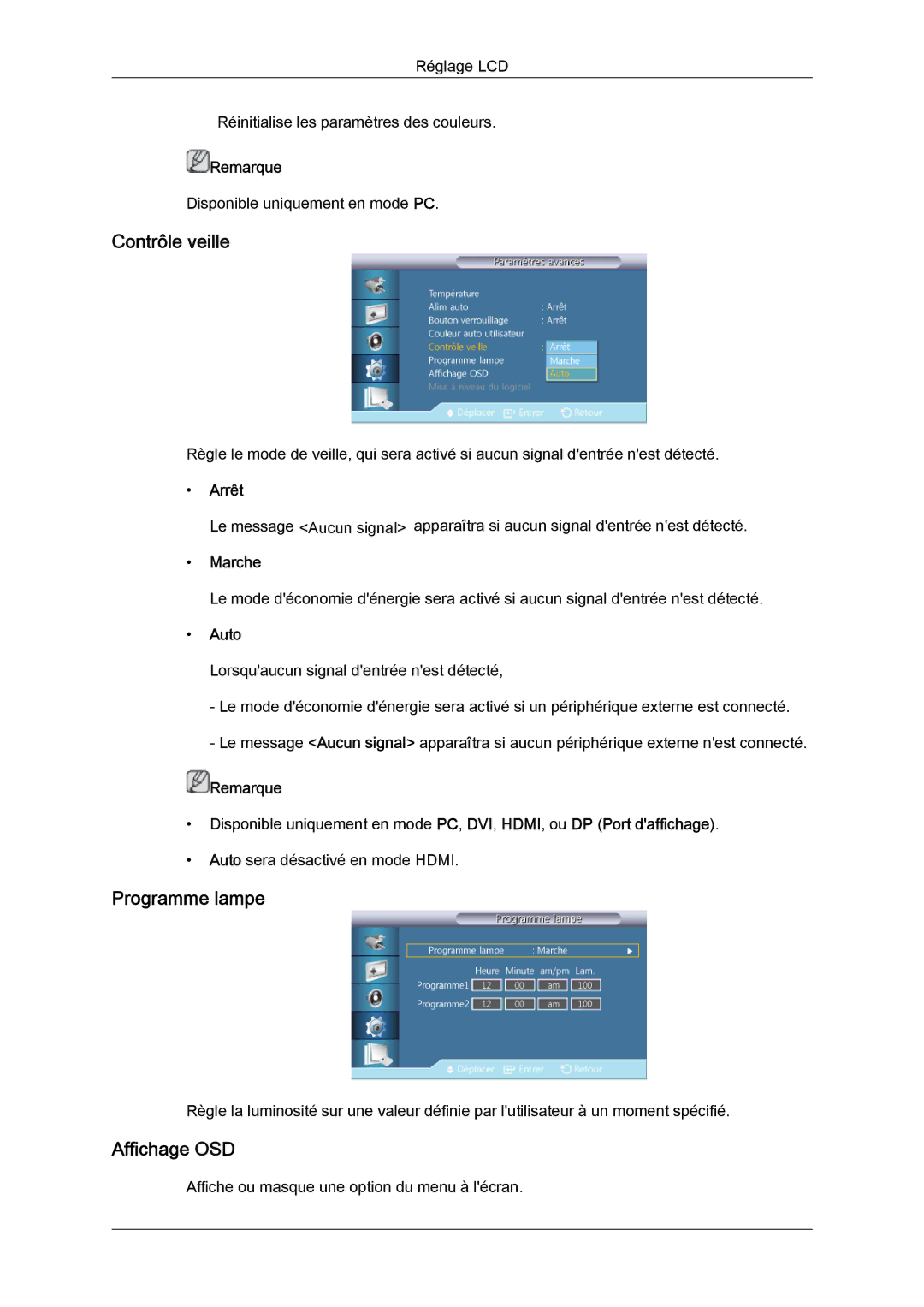 Samsung LH46GWTLBC/EN, LH40GWTLBC/EN, LH40GWSLBC/EN, LH46GWPLBC/EN Contrôle veille, Programme lampe, Affichage OSD, Auto 