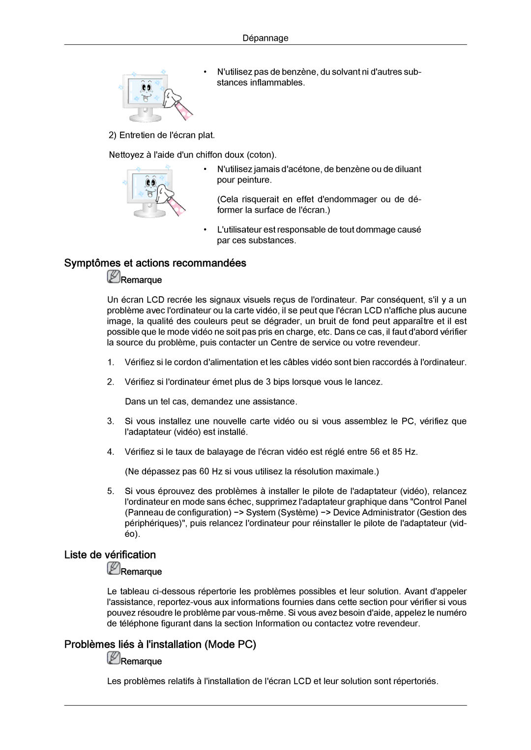 Samsung LH40GWSLBC/EN Symptômes et actions recommandées, Liste de vérification, Problèmes liés à linstallation Mode PC 