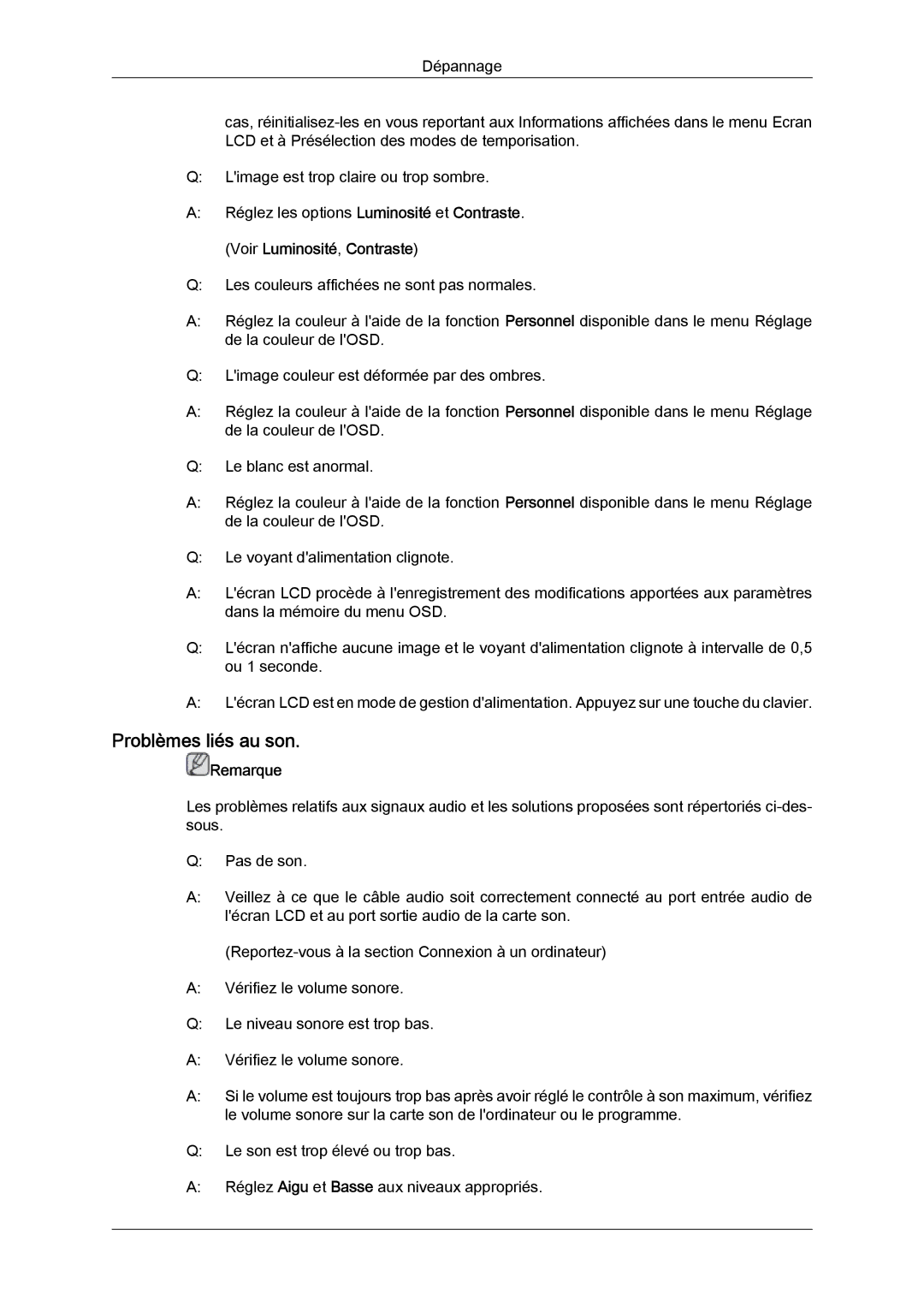 Samsung LH40GWPLBC/EN, LH40GWTLBC/EN, LH40GWSLBC/EN, LH46GWPLBC/EN manual Problèmes liés au son, Voir Luminosité, Contraste 