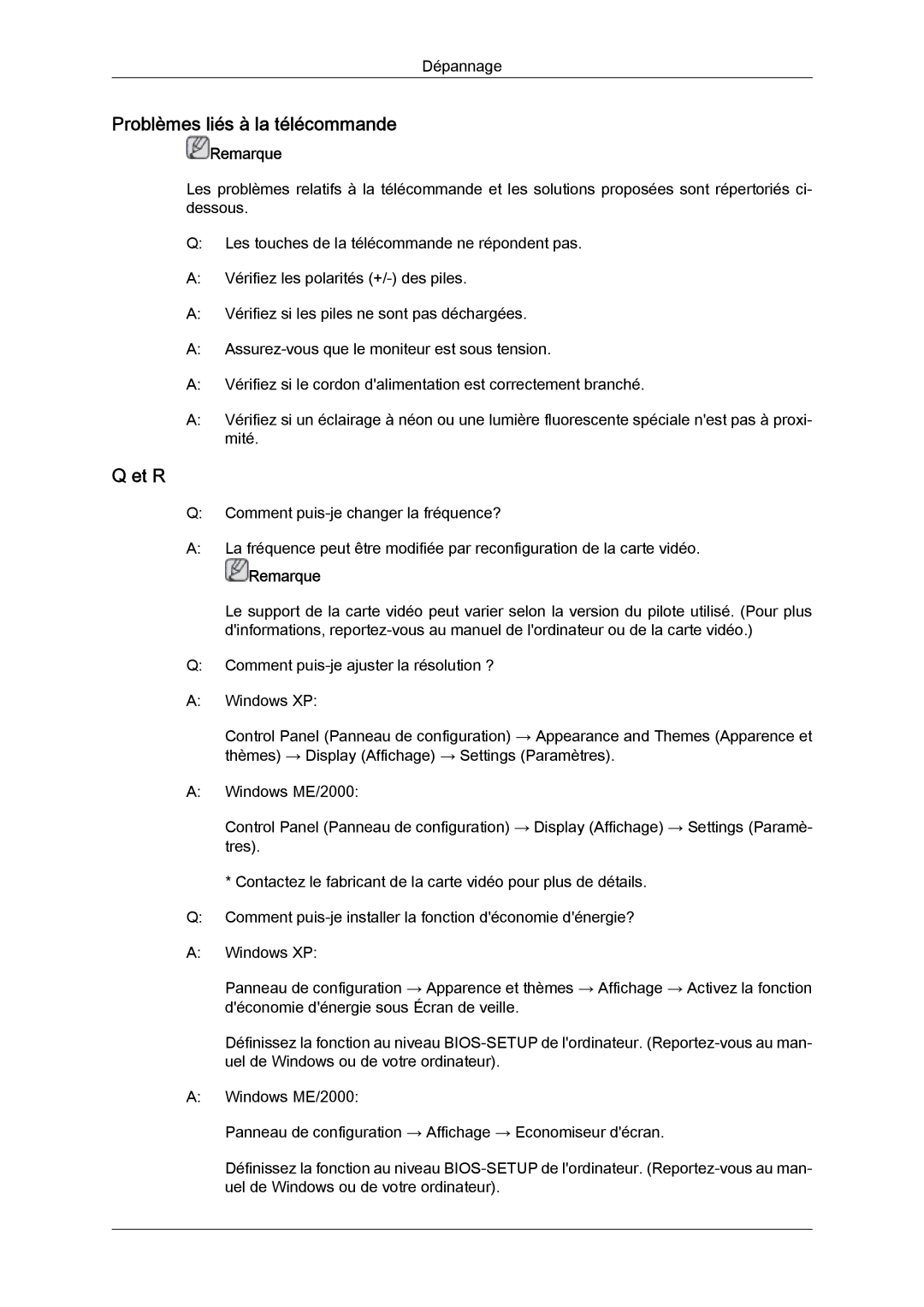 Samsung LH46GWTLBC/EN, LH40GWTLBC/EN, LH40GWSLBC/EN, LH46GWPLBC/EN, LH40GWPLBC/EN manual Problèmes liés à la télécommande, Et R 