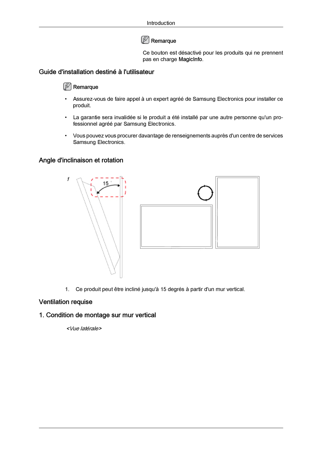 Samsung LH40GWPLBC/EN, LH40GWTLBC/EN manual Guide dinstallation destiné à lutilisateur, Angle dinclinaison et rotation 