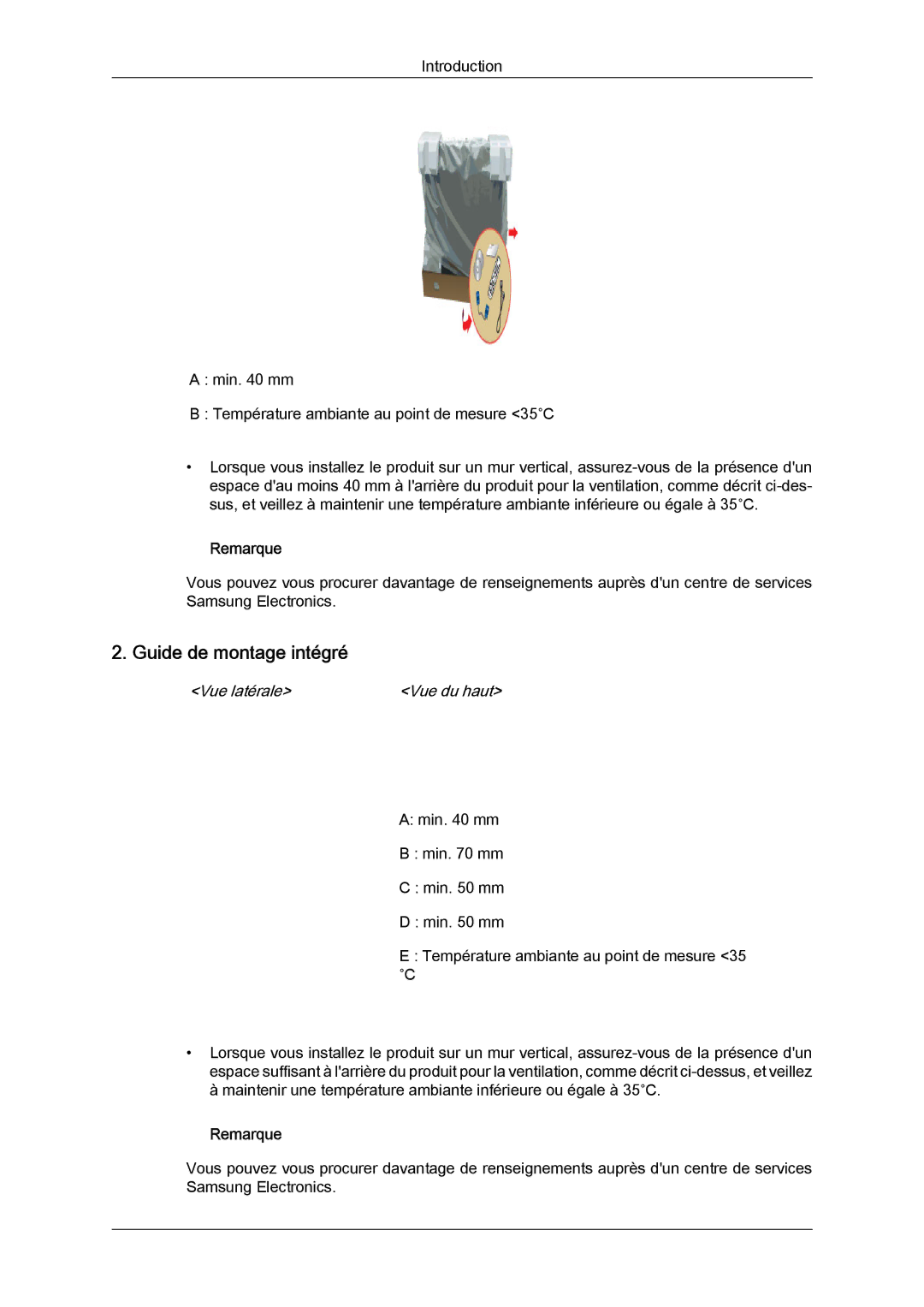 Samsung LH46GWTLBC/EN, LH40GWTLBC/EN, LH40GWSLBC/EN, LH46GWPLBC/EN manual Guide de montage intégré, Vue latérale Vue du haut 