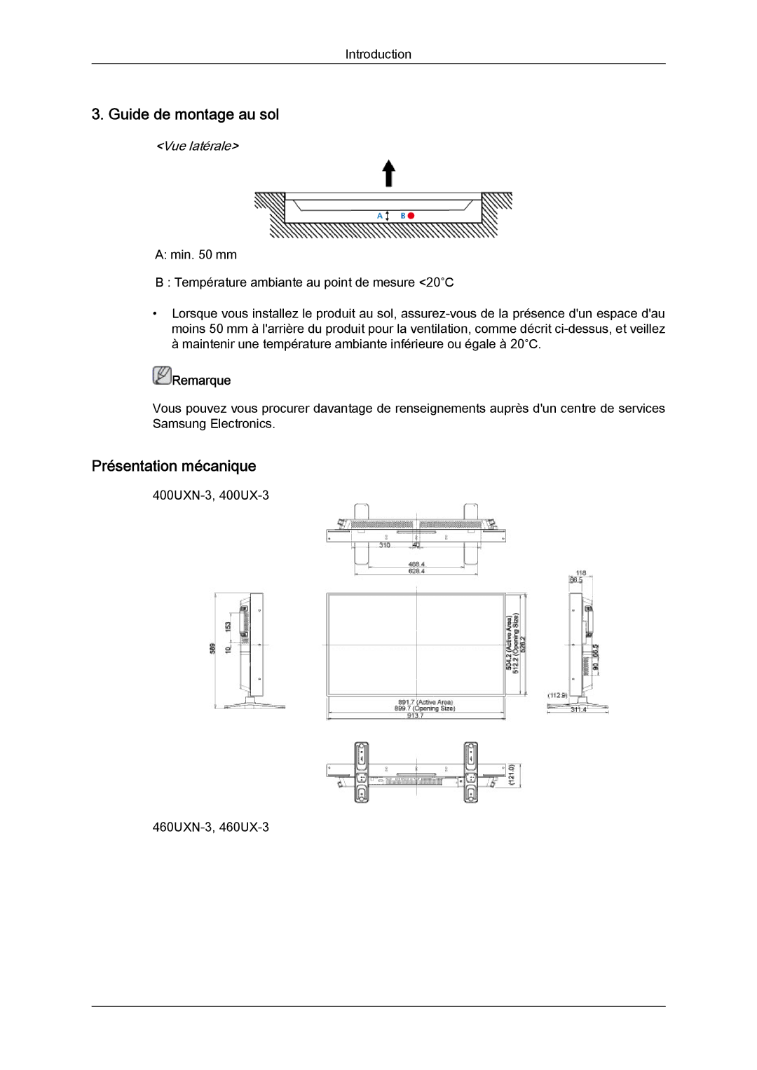 Samsung LH46GWSLBC/EN, LH40GWTLBC/EN, LH40GWSLBC/EN, LH46GWPLBC/EN manual Guide de montage au sol, Présentation mécanique 