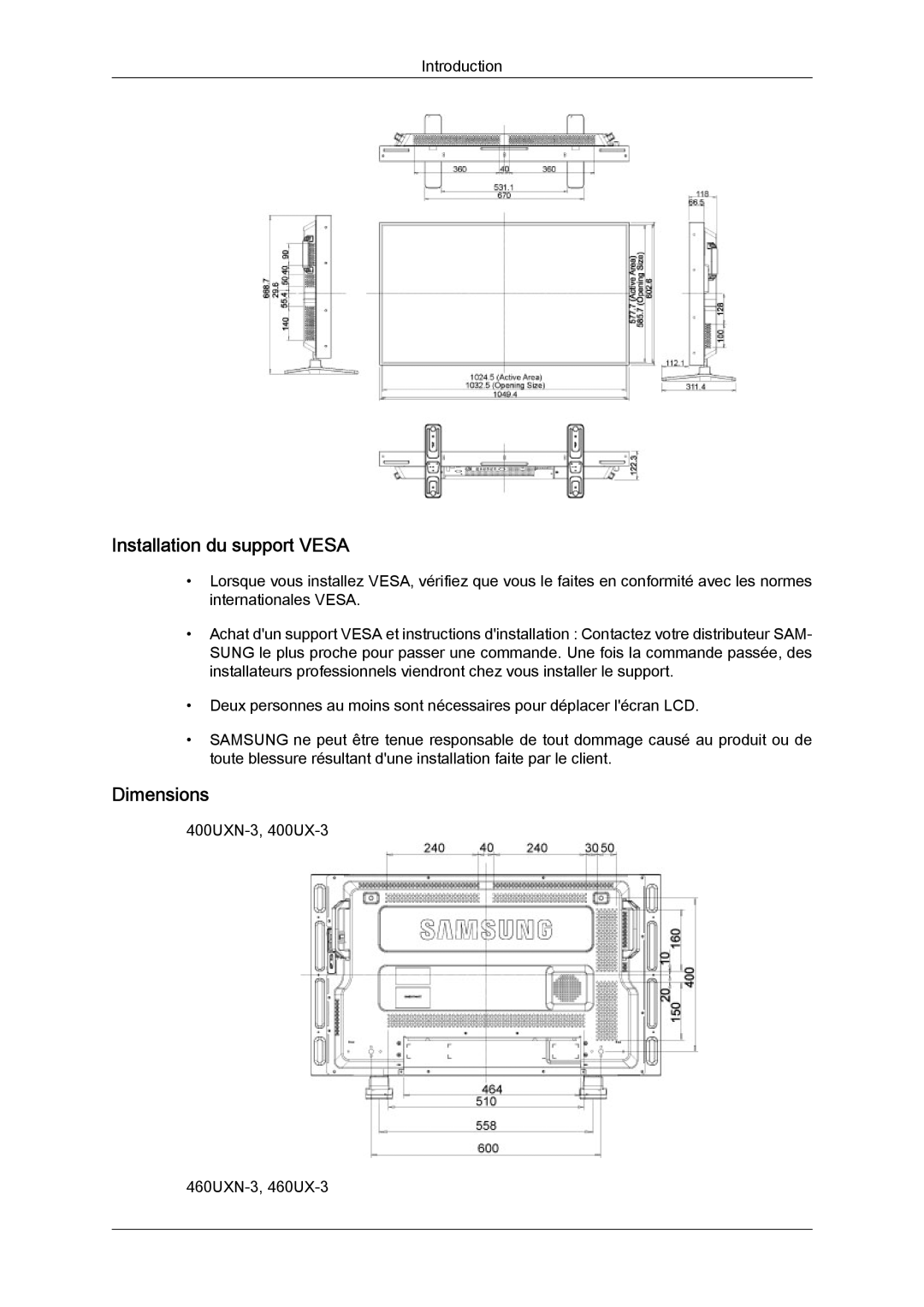 Samsung LH40GWTLBC/EN, LH40GWSLBC/EN, LH46GWPLBC/EN, LH40GWPLBC/EN, LH46GWTLBC/EN Installation du support Vesa, Dimensions 