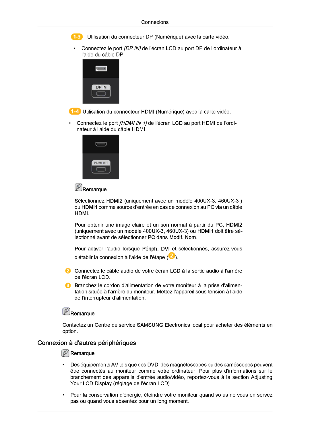 Samsung LH40GWSLBC/EN, LH40GWTLBC/EN, LH46GWPLBC/EN, LH40GWPLBC/EN, LH46GWTLBC/EN Connexion à dautres périphériques, Remarque 