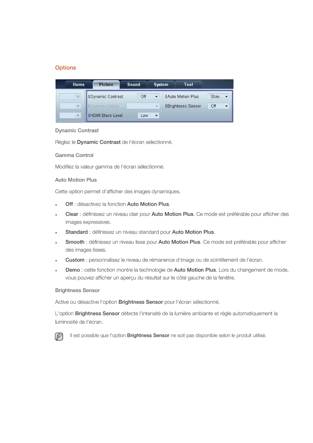 Samsung LH40GWTLBC/EN, LH40GWSLBC/EN manual Options, Dynamic Contrast, Gamma Control, Auto Motion Plus, Brightness Sensor 