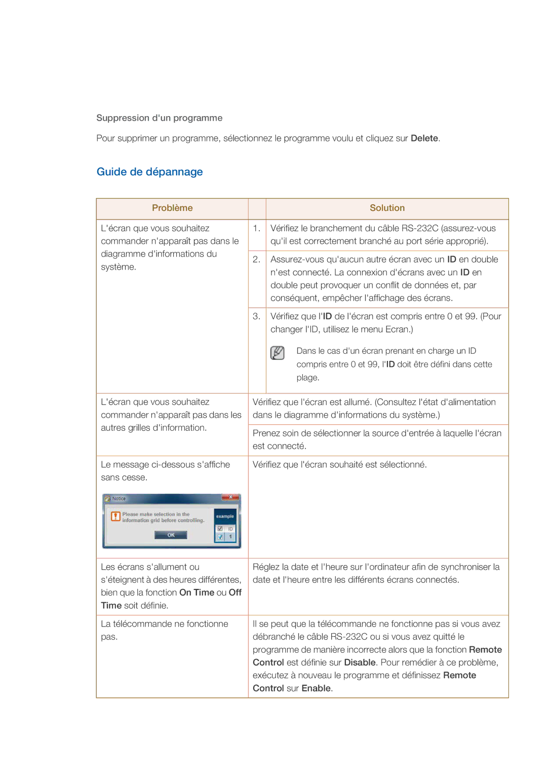 Samsung LH46GWSLBC/EN, LH40GWTLBC/EN, LH40GWSLBC/EN, LH46GWPLBC/EN manual Guide de dépannage, Suppression dun programme 