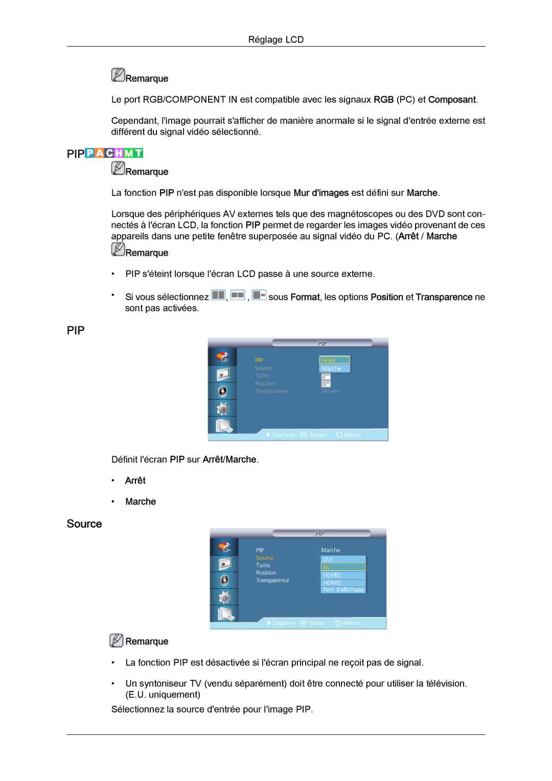 Samsung LH46GWPLBC/EN, LH40GWTLBC/EN, LH40GWSLBC/EN, LH40GWPLBC/EN, LH46GWTLBC/EN, LH46GWSLBC/EN manual Source, Arrêt Marche 