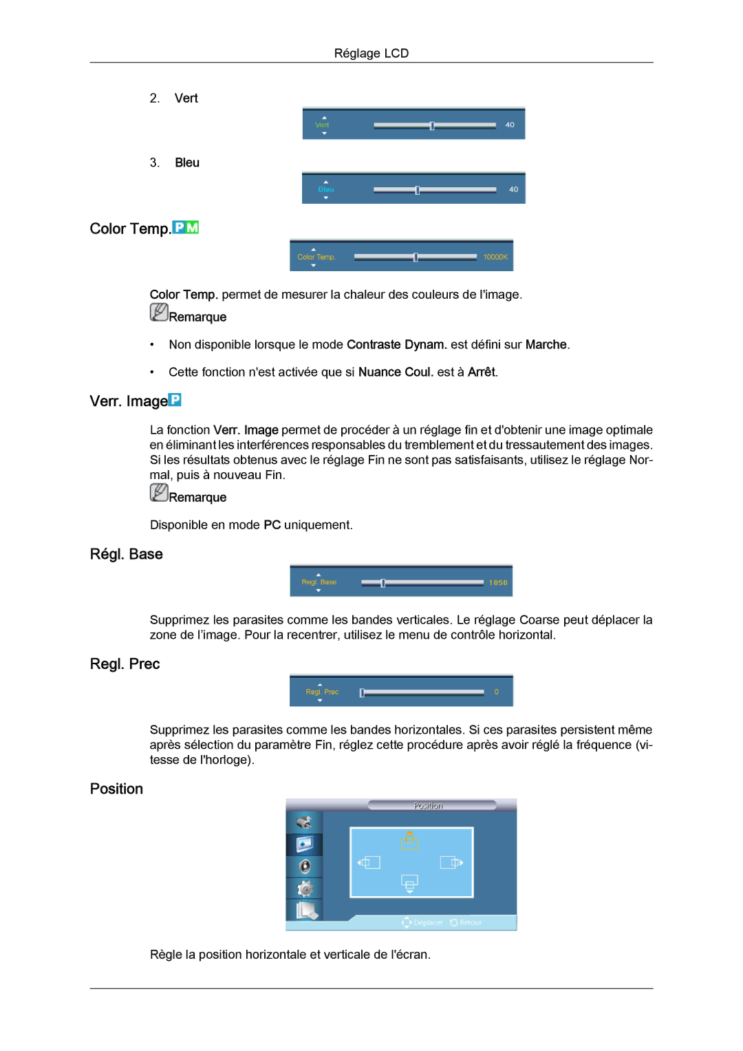 Samsung LH40GWPLBC/EN, LH40GWTLBC/EN, LH40GWSLBC/EN manual Color Temp, Verr. Image, Régl. Base, Regl. Prec, Vert Bleu 