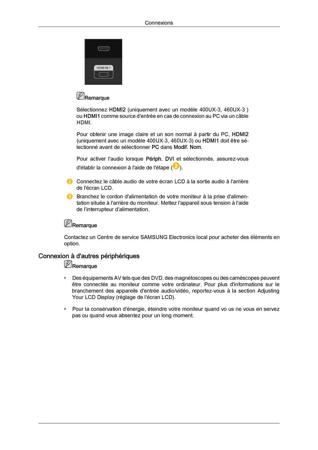 Samsung LH40GWPLBC/EN, LH40GWTLBC/EN, LH40GWSLBC/EN, LH46GWPLBC/EN, LH46GWTLBC/EN manual Connexion à dautres périphériques 