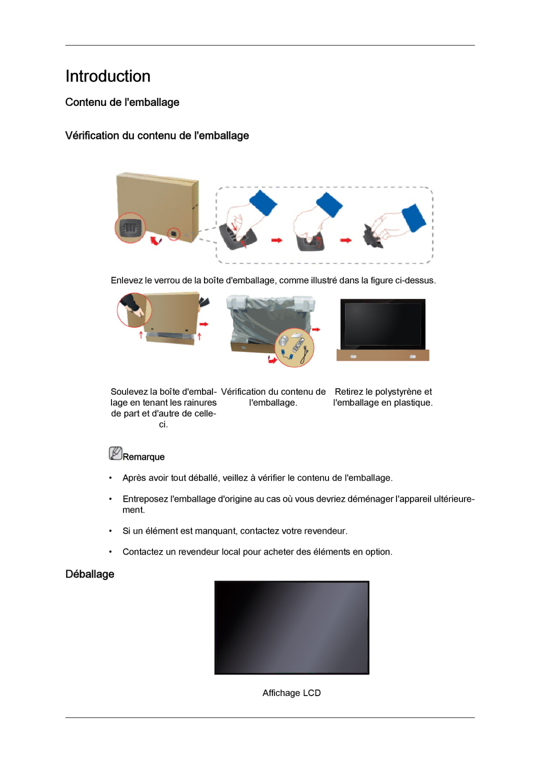 Samsung LH46GWPLBC/EN, LH40GWTLBC/EN, LH40GWSLBC/EN Contenu de lemballage Vérification du contenu de lemballage, Déballage 