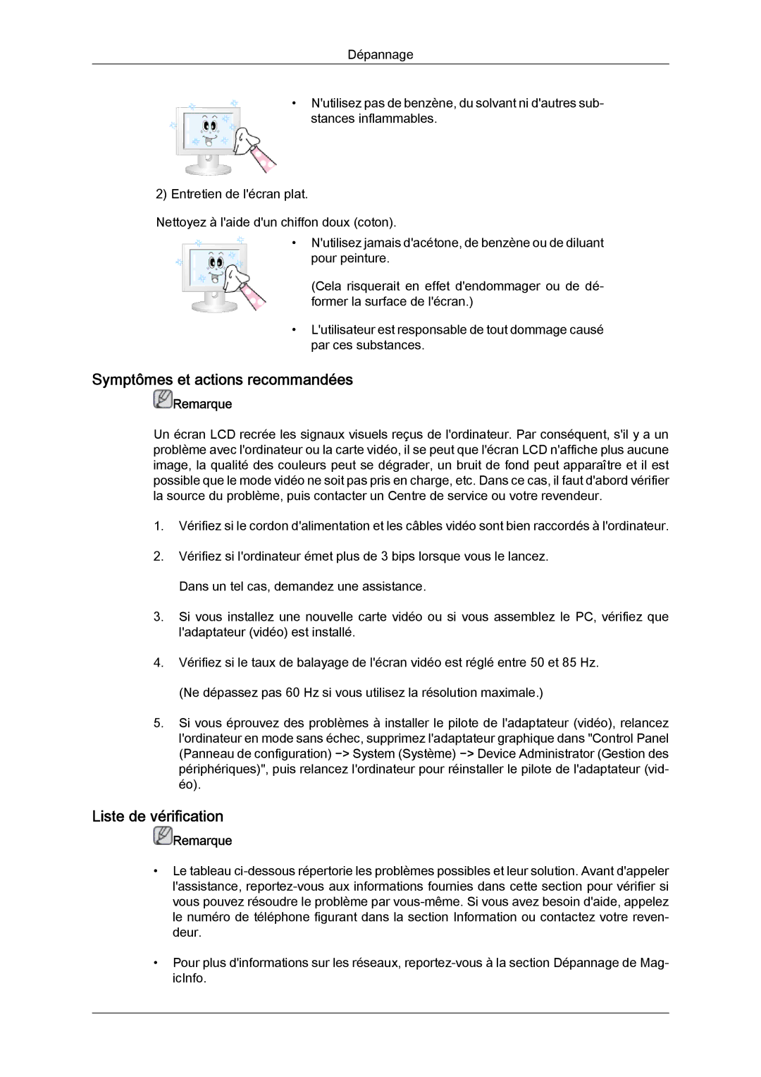 Samsung LH46GWSLBC/EN, LH40GWTLBC/EN, LH40GWSLBC/EN, LH46GWPLBC/EN Symptômes et actions recommandées, Liste de vérification 