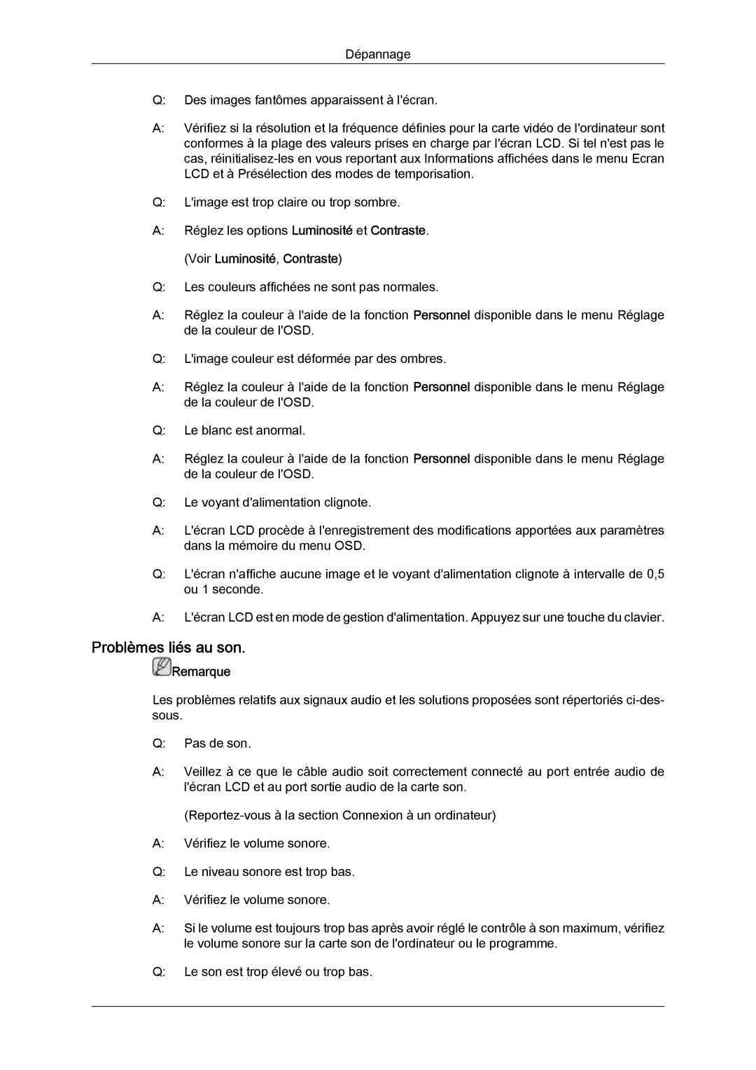 Samsung LH40GWSLBC/EN, LH40GWTLBC/EN, LH46GWPLBC/EN, LH40GWPLBC/EN, LH46GWTLBC/EN, LH46GWSLBC/EN manual Problèmes liés au son 