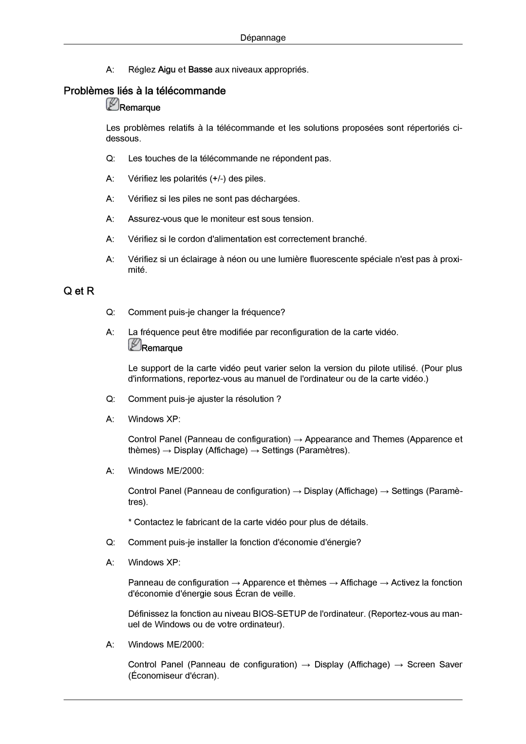 Samsung LH46GWPLBC/EN, LH40GWTLBC/EN, LH40GWSLBC/EN, LH40GWPLBC/EN, LH46GWTLBC/EN manual Problèmes liés à la télécommande, Et R 