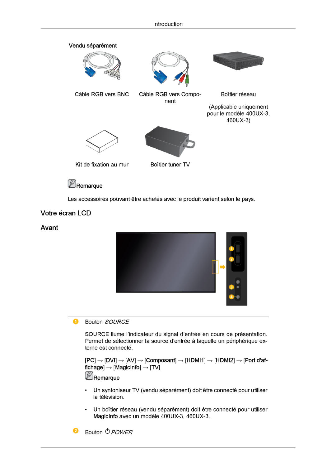 Samsung LH46GWTLBC/EN, LH40GWTLBC/EN, LH40GWSLBC/EN, LH46GWPLBC/EN, LH40GWPLBC/EN, LH46GWSLBC/EN manual Votre écran LCD Avant 