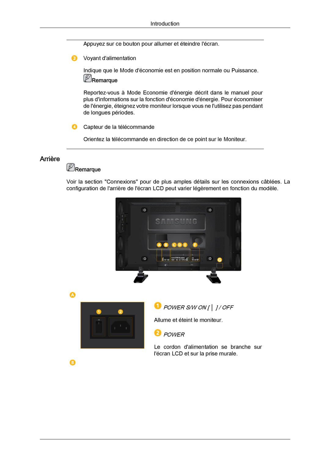 Samsung LH46GWSLBC/EN, LH40GWTLBC/EN, LH40GWSLBC/EN, LH46GWPLBC/EN, LH40GWPLBC/EN, LH46GWTLBC/EN manual Arrière 