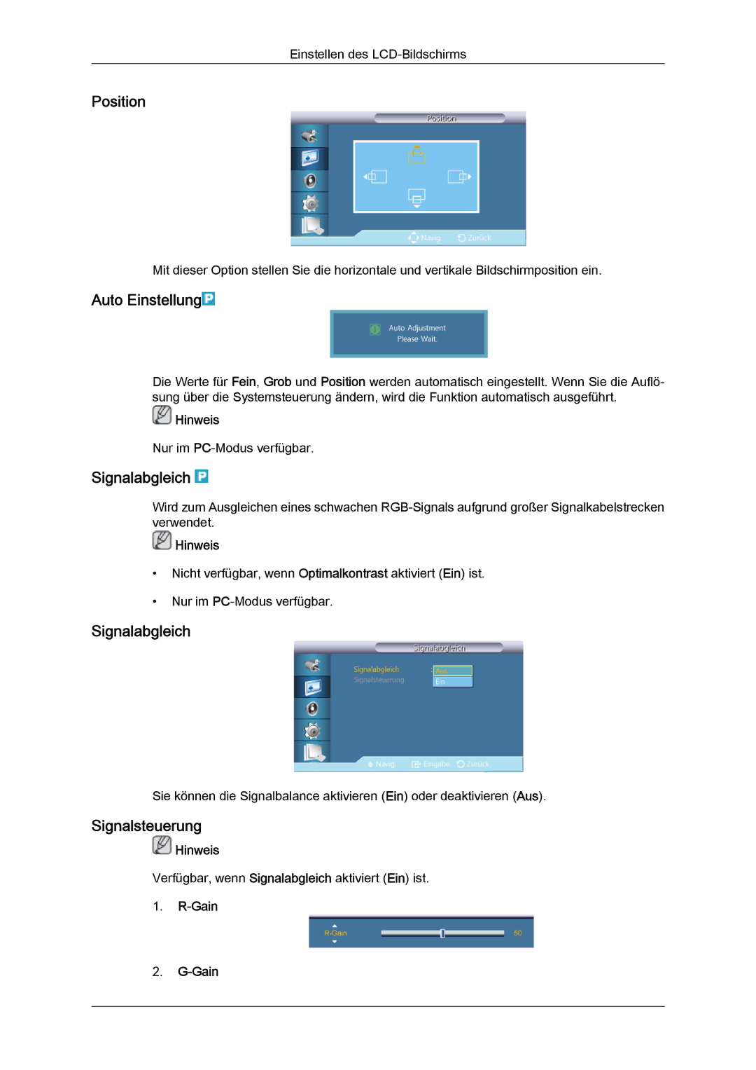 Samsung LH46GWTLBC/EN, LH40GWTLBC/EN, LH40GWSLBC/EN, LH46GWPLBC/EN Auto Einstellung, Signalabgleich, Signalsteuerung, Gain 