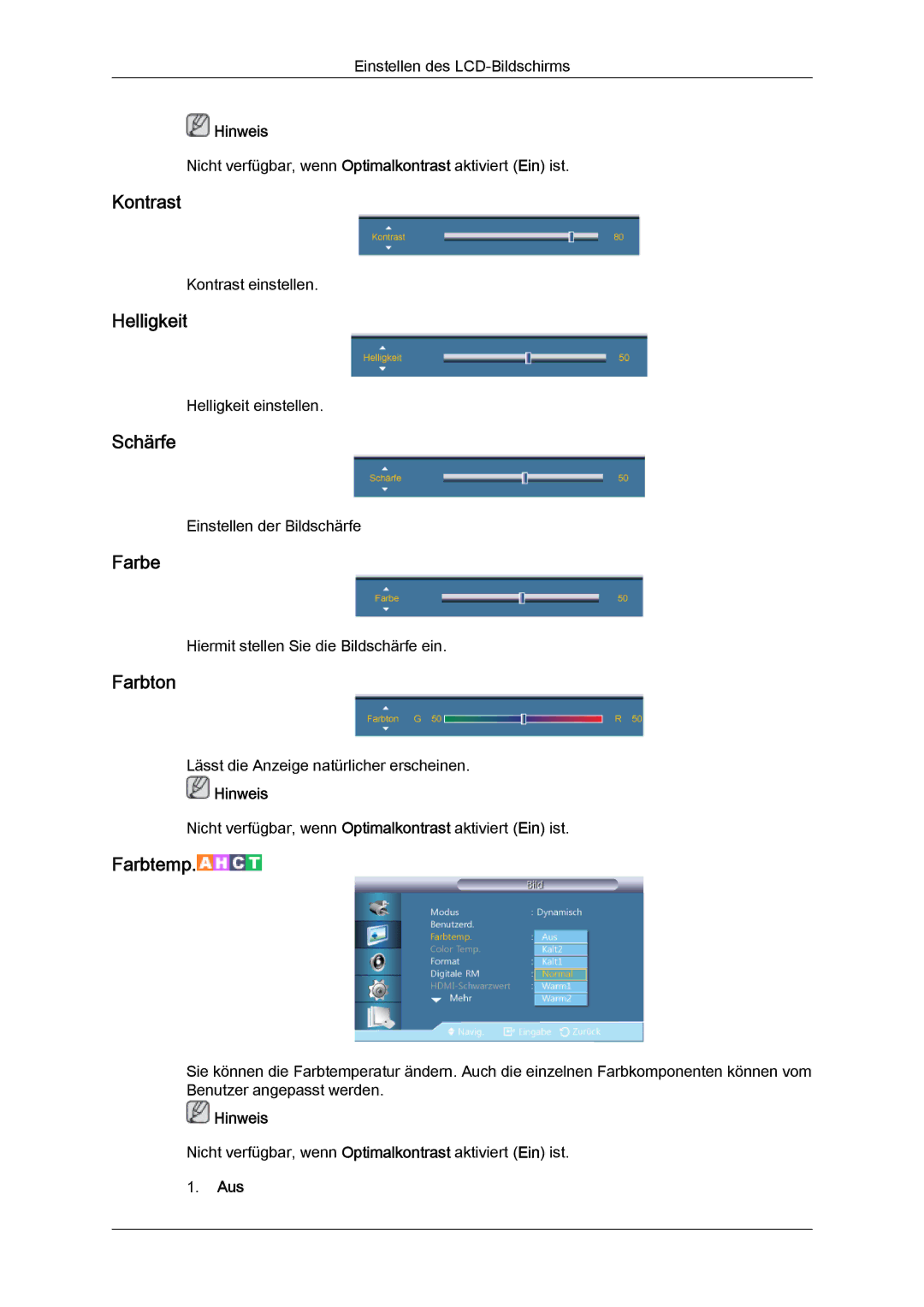 Samsung LH46GWPLBC/EN, LH40GWTLBC/EN, LH40GWSLBC/EN, LH40GWPLBC/EN manual Kontrast, Helligkeit, Schärfe, Farbe, Farbton 