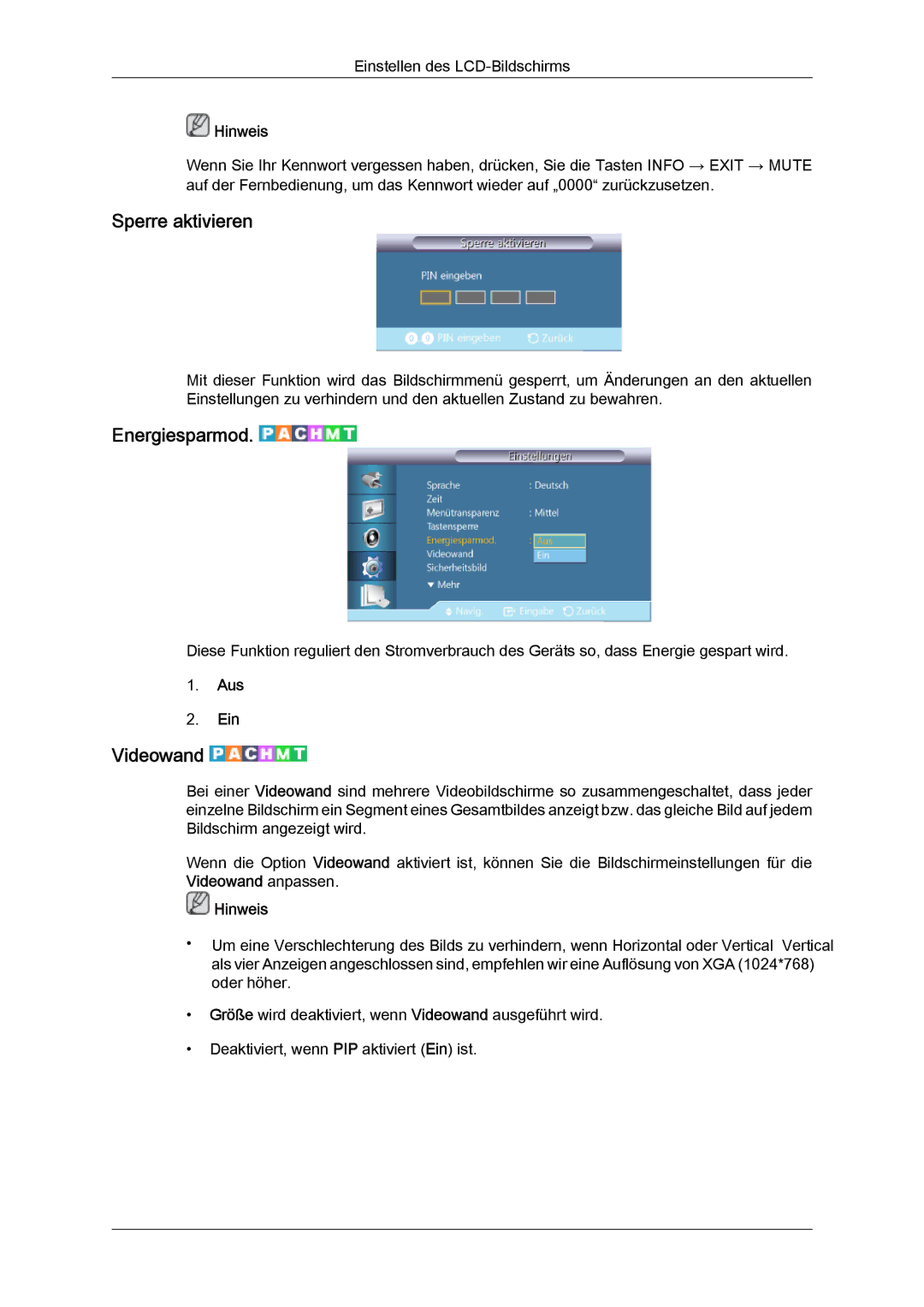 Samsung LH40GWSLBC/EN, LH40GWTLBC/EN, LH46GWPLBC/EN, LH40GWPLBC/EN manual Sperre aktivieren, Energiesparmod, Videowand 