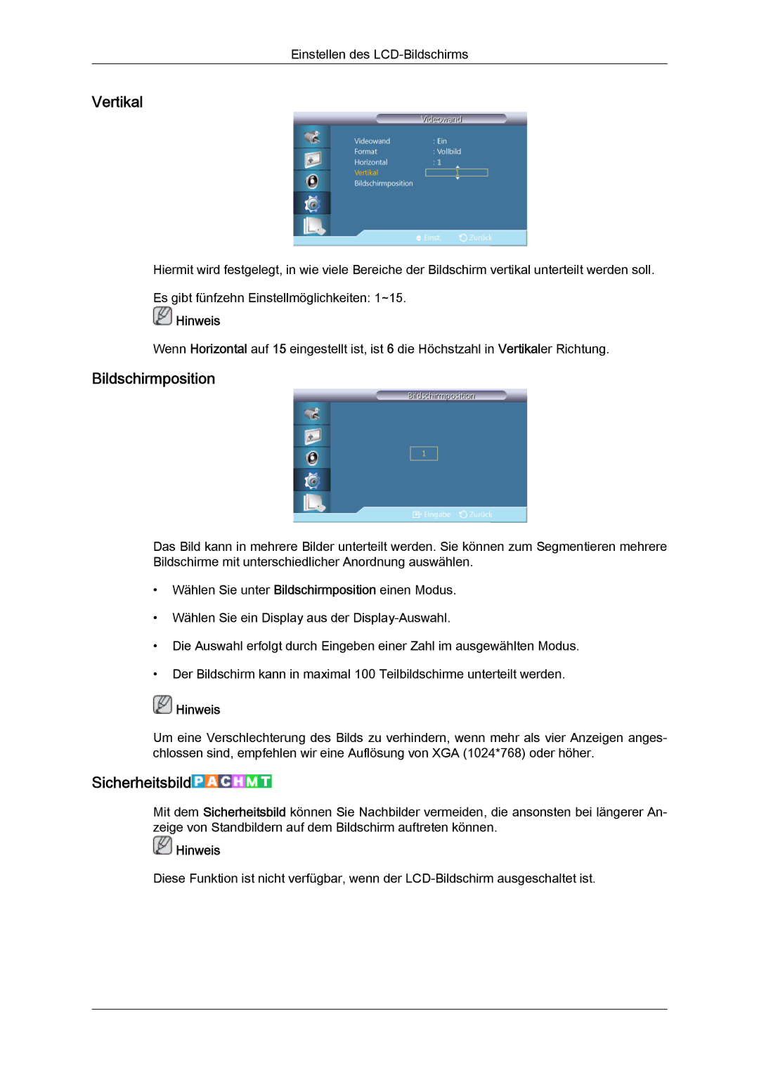 Samsung LH40GWPLBC/EN, LH40GWTLBC/EN, LH40GWSLBC/EN, LH46GWPLBC/EN manual Vertikal, Bildschirmposition, Sicherheitsbild 