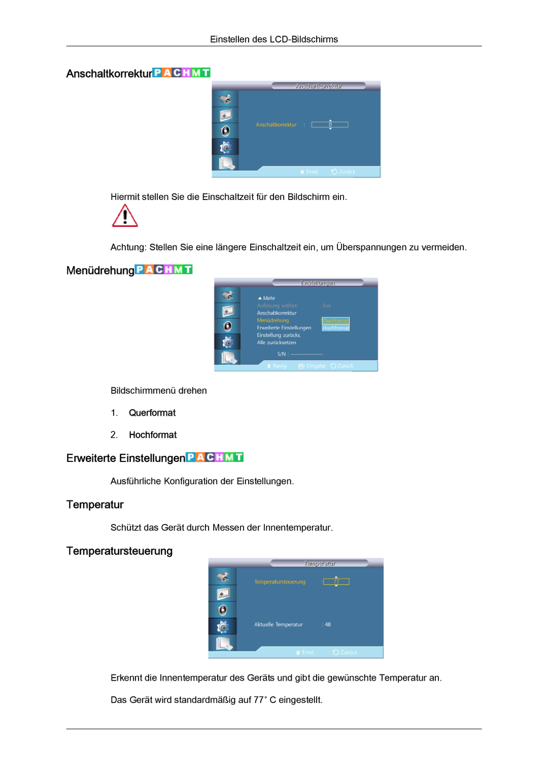 Samsung LH46GWPLBC/EN, LH40GWTLBC/EN Anschaltkorrektur, Menüdrehung, Erweiterte Einstellungen, Temperatursteuerung 