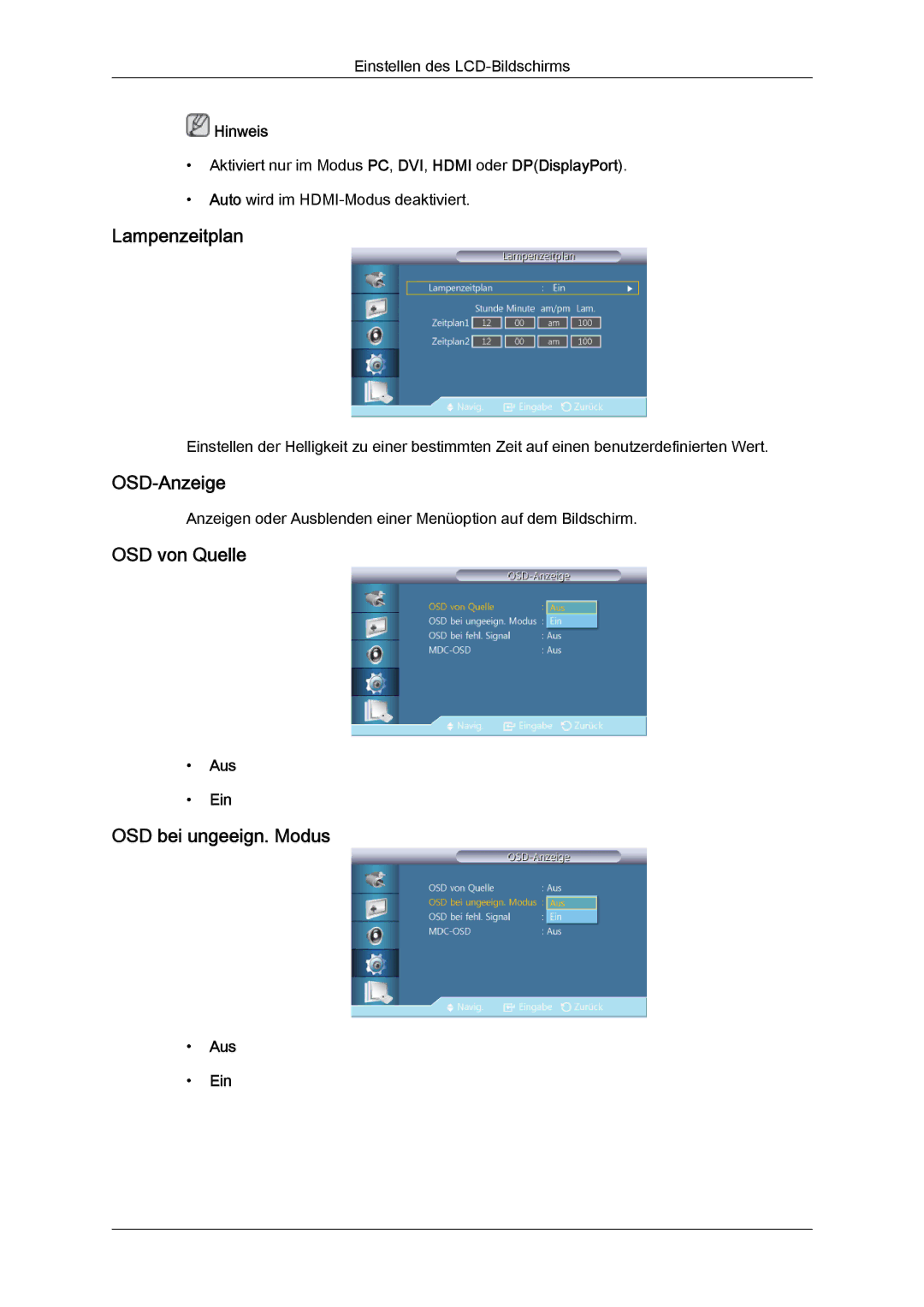 Samsung LH46GWSLBC/EN, LH40GWTLBC/EN, LH40GWSLBC/EN Lampenzeitplan, OSD-Anzeige, OSD von Quelle, OSD bei ungeeign. Modus 