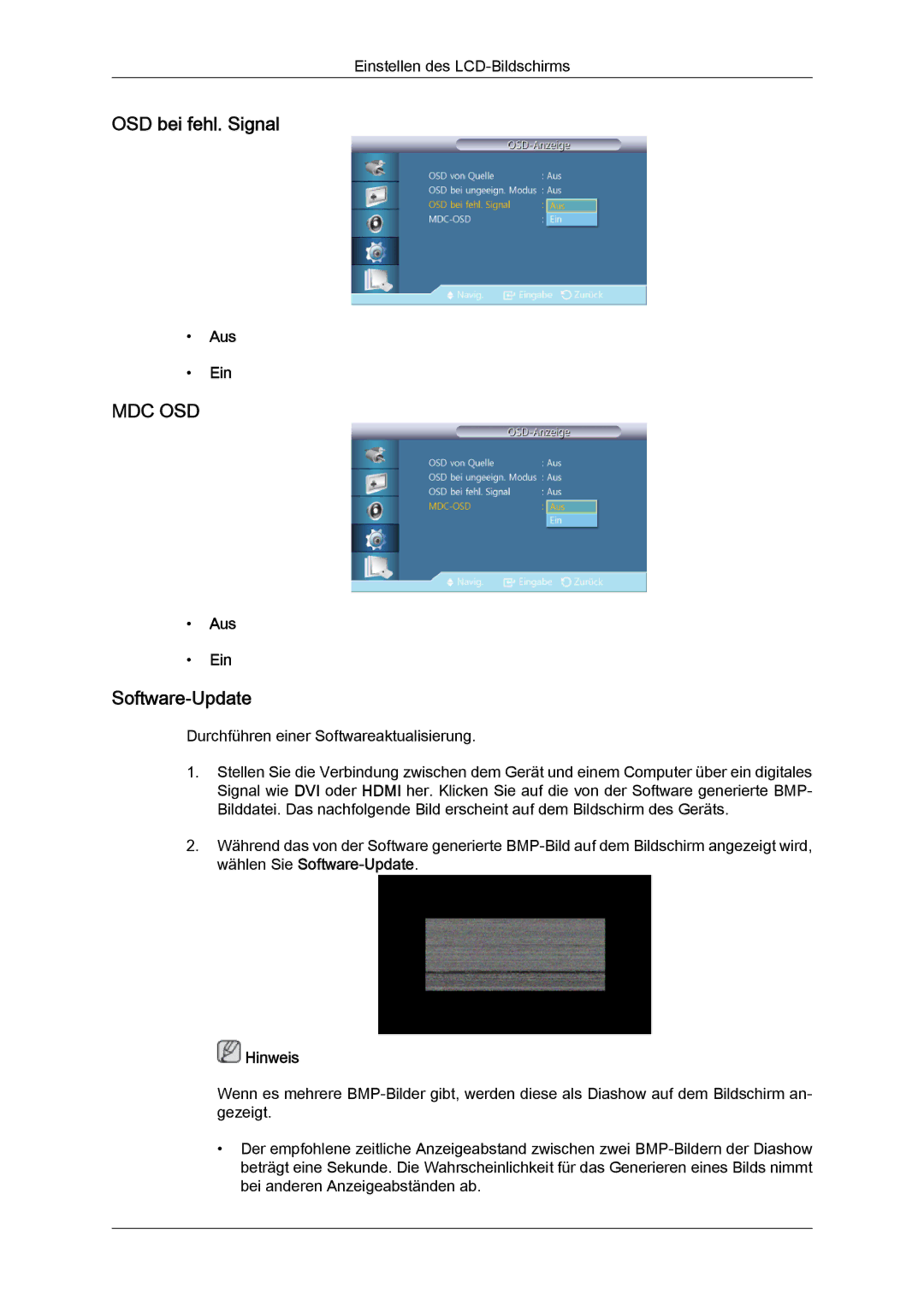 Samsung LH40GWTLBC/EN, LH40GWSLBC/EN, LH46GWPLBC/EN, LH40GWPLBC/EN, LH46GWTLBC/EN manual OSD bei fehl. Signal, Software-Update 