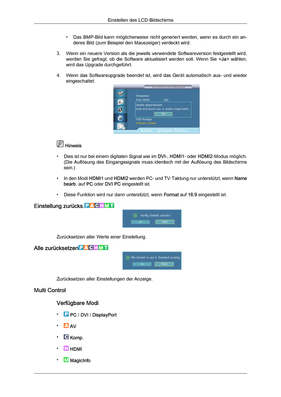 Samsung LH40GWSLBC/EN, LH40GWTLBC/EN manual Einstellung zurücks, Alle zurücksetzen, Multi Control Verfügbare Modi, MagicInfo 