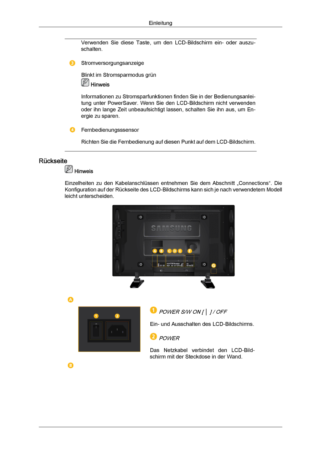 Samsung LH40GWSLBC/EN, LH40GWTLBC/EN, LH46GWPLBC/EN, LH40GWPLBC/EN, LH46GWTLBC/EN, LH46GWSLBC/EN manual Rückseite 