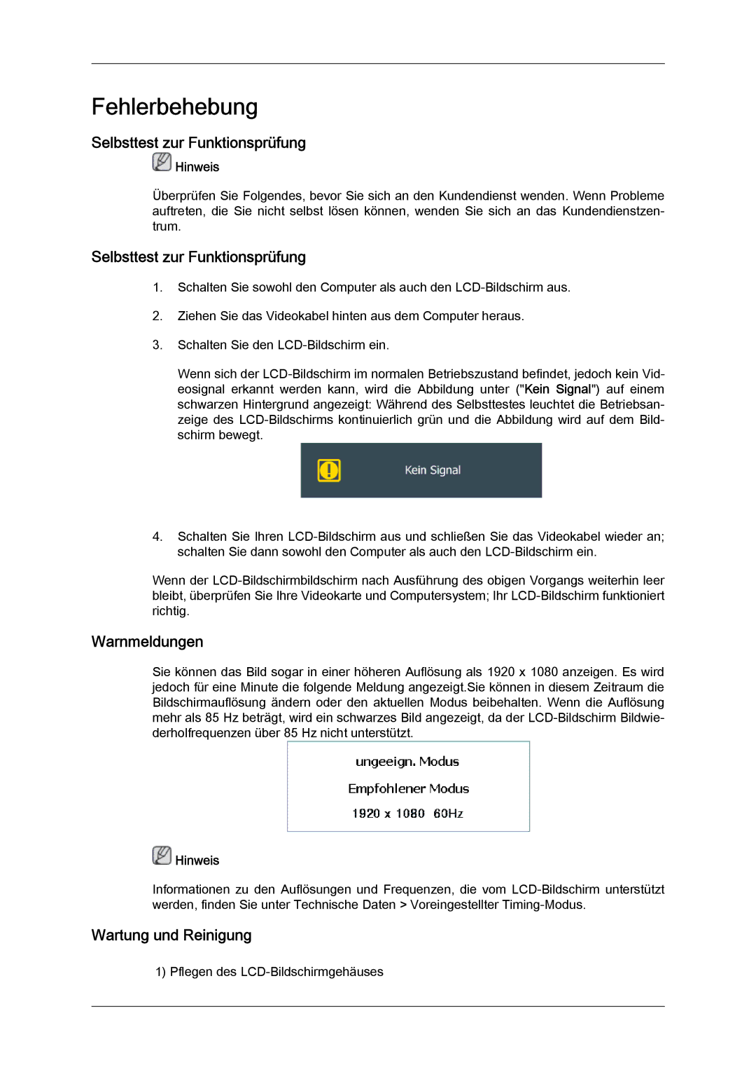 Samsung LH40GWSLBC/EN, LH40GWTLBC/EN, LH46GWPLBC/EN Selbsttest zur Funktionsprüfung, Warnmeldungen, Wartung und Reinigung 