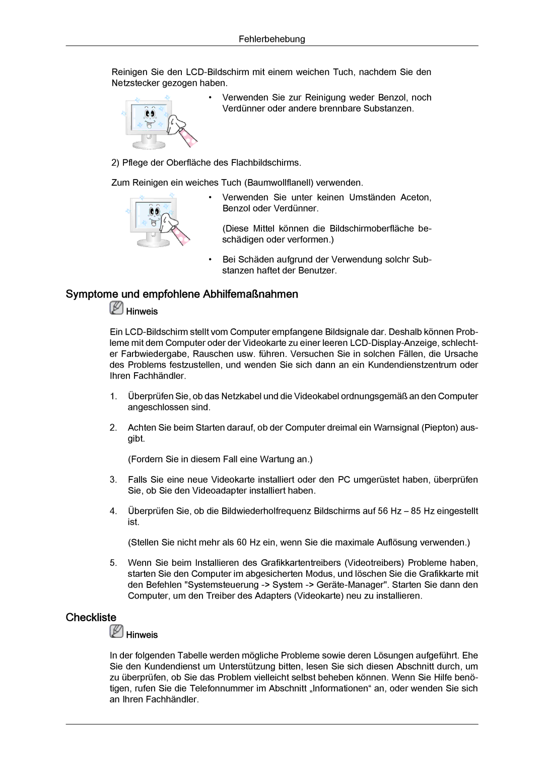 Samsung LH46GWPLBC/EN, LH40GWTLBC/EN, LH40GWSLBC/EN, LH40GWPLBC/EN manual Symptome und empfohlene Abhilfemaßnahmen, Checkliste 