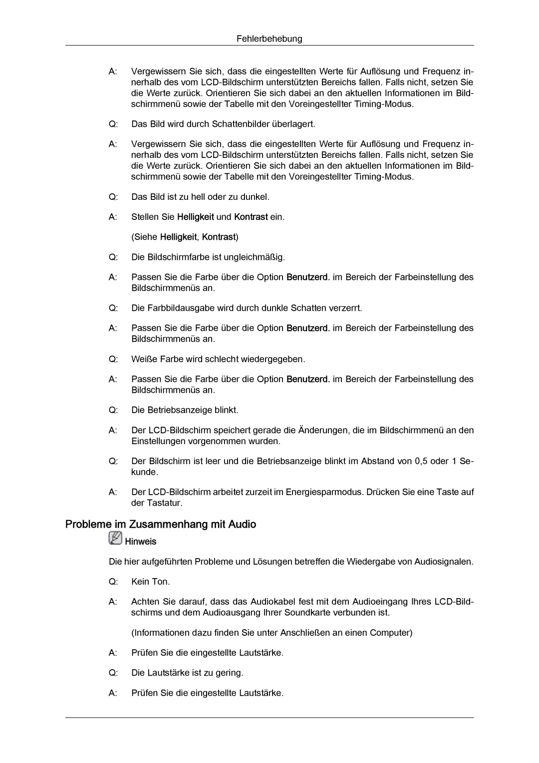 Samsung LH46GWTLBC/EN, LH40GWTLBC/EN, LH40GWSLBC/EN, LH46GWPLBC/EN, LH40GWPLBC/EN manual Probleme im Zusammenhang mit Audio 