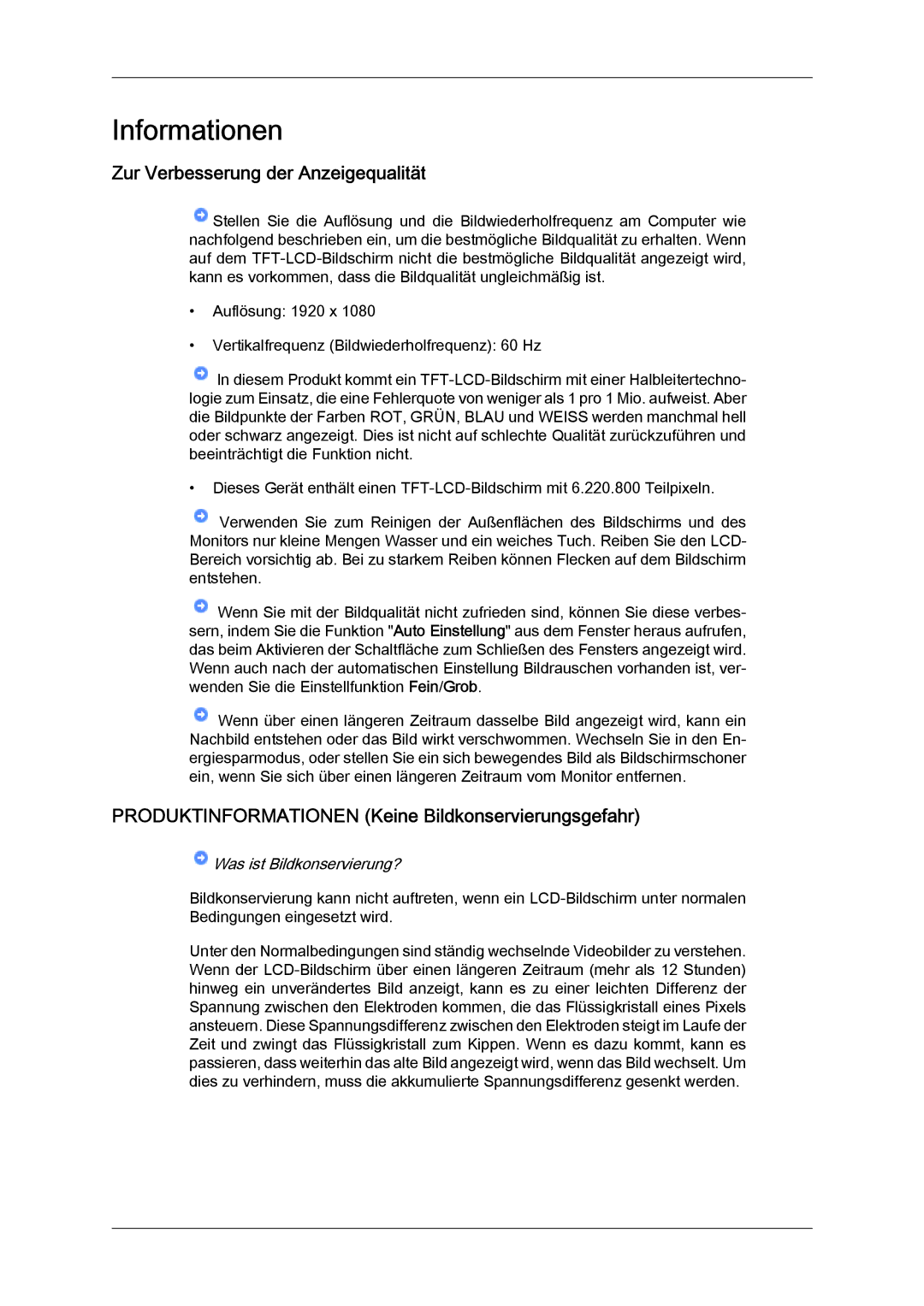 Samsung LH40GWTLBC/EN manual Zur Verbesserung der Anzeigequalität, Produktinformationen Keine Bildkonservierungsgefahr 