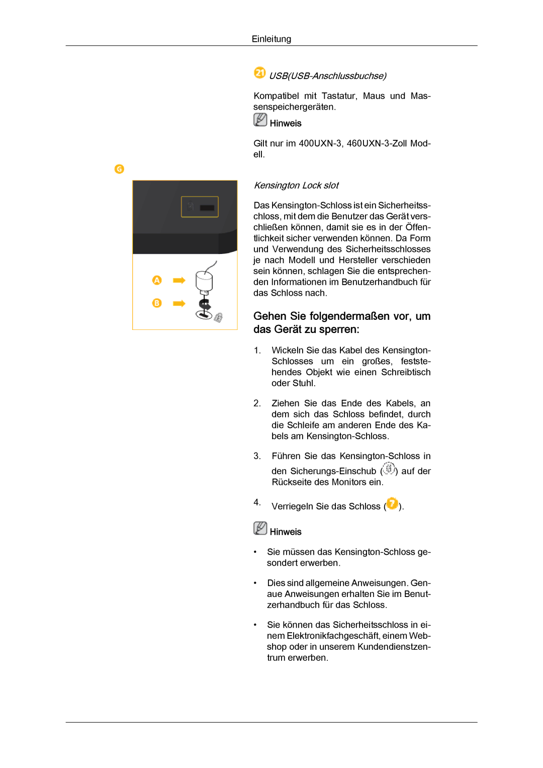 Samsung LH40GWTLBC/EN, LH40GWSLBC/EN manual Gehen Sie folgendermaßen vor, um das Gerät zu sperren, Kensington Lock slot 