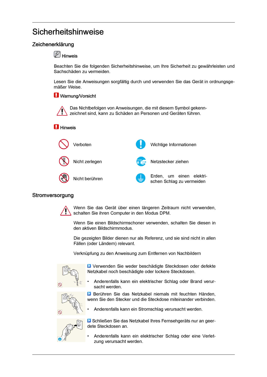 Samsung LH46GWPLBC/EN, LH40GWTLBC/EN, LH40GWSLBC/EN manual Zeichenerklärung, Stromversorgung, Hinweis, Warnung/Vorsicht 