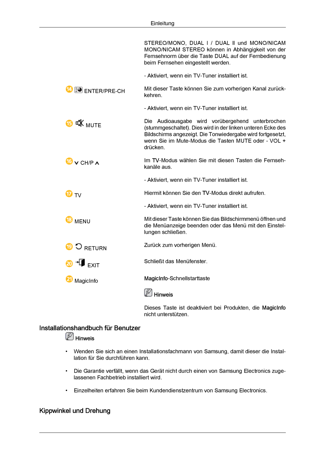 Samsung LH40GWPLBC/EN, LH40GWTLBC/EN, LH40GWSLBC/EN manual Installationshandbuch für Benutzer, Kippwinkel und Drehung 